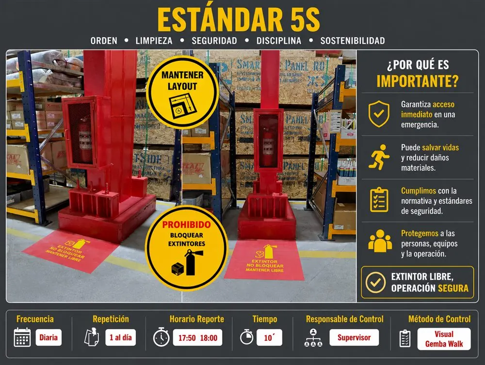 Estándar 5S real: comparación antes/después de zona de extintores con demarcación de piso y explicación de por qué es importante